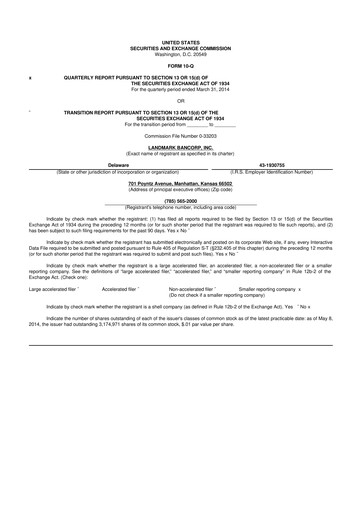 Miniature Landmark Bancorp 10-Q Rapport trimestriel 2014 