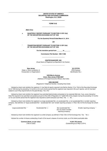 Miniature ConnectOne Bancorp 10-Q Rapport trimestriel 2014 