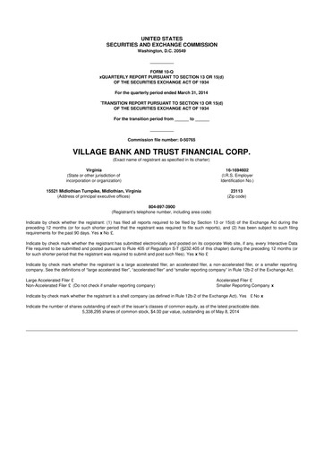Thumbnail Village Bank and Trust Financial 10-Q Quarterly Report FY2014 
