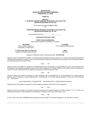 Thumbnail Trinity Place Holdings
 10-Q Quarterly Report FY2015 