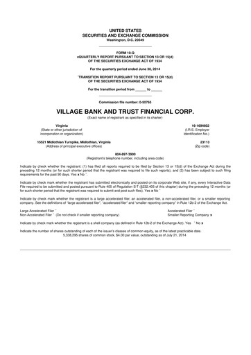 Thumbnail Village Bank and Trust Financial 10-Q Quarterly Report FY2014 