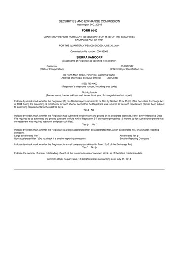 Thumbnail Sierra Bancorp
 10-Q Quarterly Report FY2014 