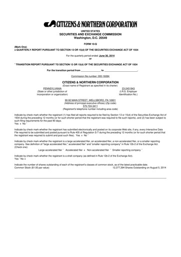 Thumbnail Citizens & Northern Corp 10-Q Quarterly Report FY2014 