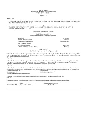 Thumbnail ESCO Technologies
 10-Q Quarterly Report FY2014 