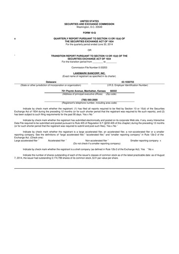 Miniature Landmark Bancorp 10-Q Rapport trimestriel 2014 