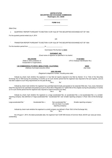 Thumbnail Exponent
 10-Q Quarterly Report FY2014 