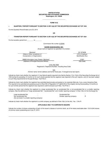 Thumbnail Shore Bancshares 10-Q Quarterly Report FY2014 