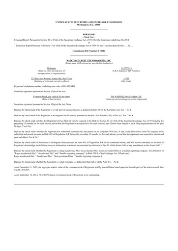 Thumbnail NAPCO Security Technologies 10-K Annual Report 2014