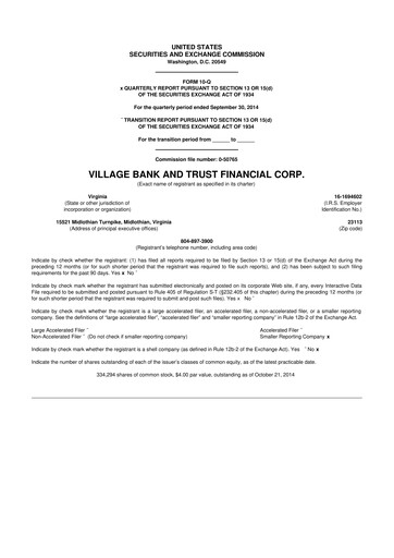 Thumbnail Village Bank and Trust Financial 10-Q Quarterly Report FY2014 