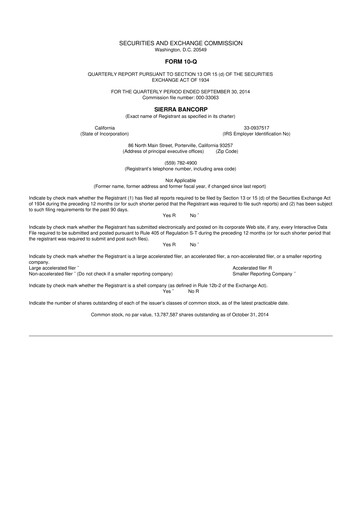 Thumbnail Sierra Bancorp
 10-Q Quarterly Report FY2014 