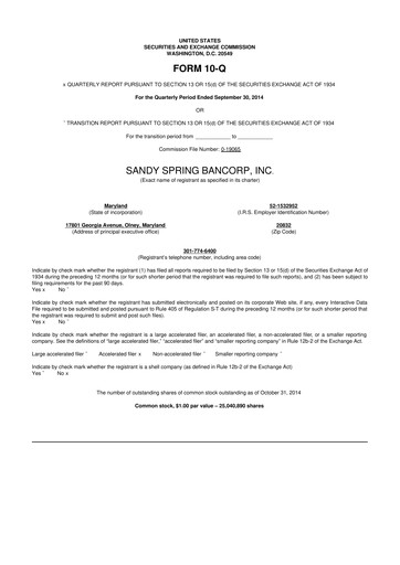 Thumbnail Sandy Spring Bank 10-Q Quarterly Report FY2014 