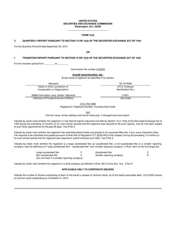 Thumbnail Shore Bancshares 10-Q Quarterly Report FY2014 