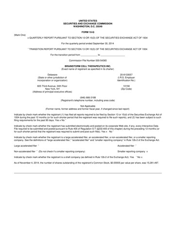 Thumbnail BrainStorm Cell Therapeutics 10-Q Quarterly Report FY2014 