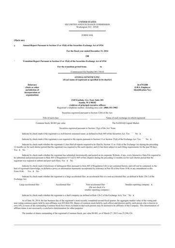 Thumbnail Atossa Therapeutics 10-K Annual Report 2014