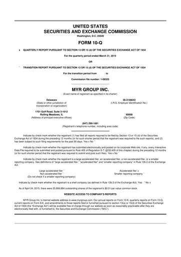 Thumbnail MYR Group 10-Q Quarterly Report FY2015 