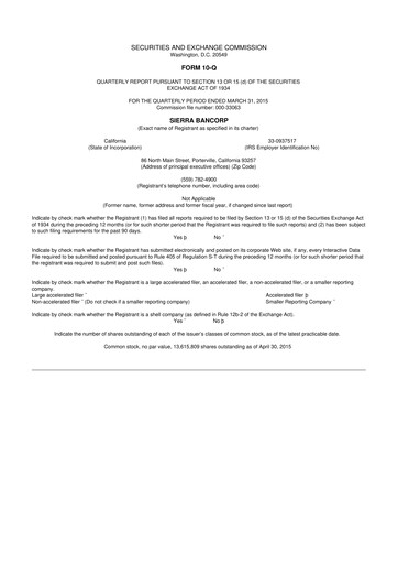 Thumbnail Sierra Bancorp
 10-Q Quarterly Report FY2015 