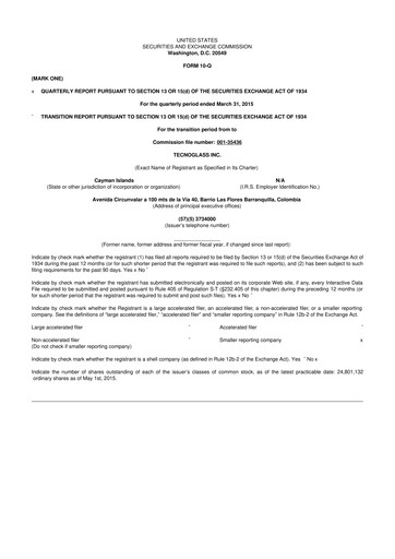 Miniature Tecnoglass 10-Q Rapport trimestriel 2015 