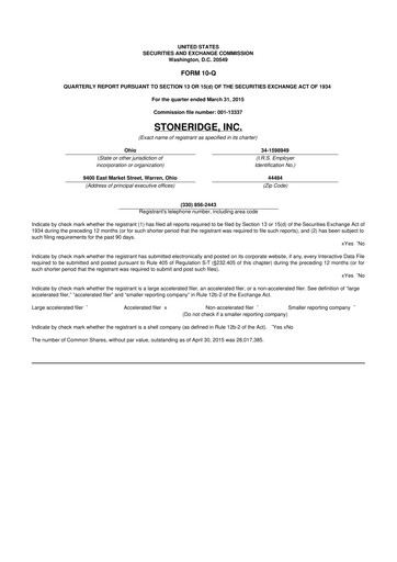 Thumbnail Stoneridge 10-Q Quarterly Report FY2015 