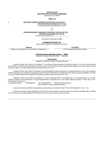 Miniature Landmark Bancorp 10-Q Rapport trimestriel 2015 
