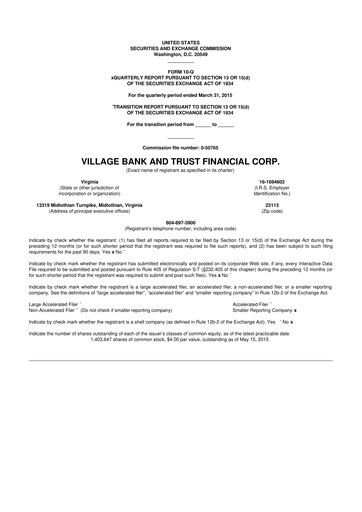 Thumbnail Village Bank and Trust Financial 10-Q Quarterly Report FY2015 