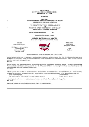 Thumbnail Wabash National
 10-Q Quarterly Report FY2015 