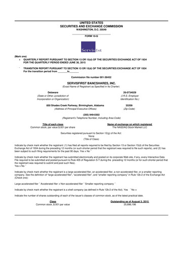 Vorschaubild ServisFirst Bancshares 10-Q Quartalsbericht 2015 