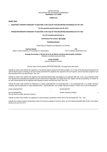 Miniature Tecnoglass 10-Q Rapport trimestriel 2015 