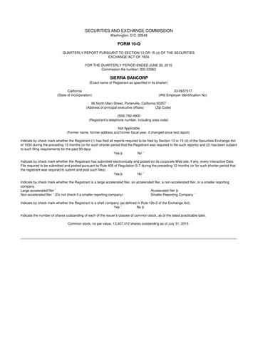 Thumbnail Sierra Bancorp
 10-Q Quarterly Report FY2015 