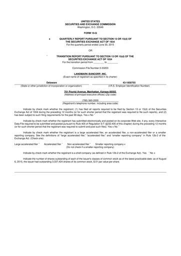 Miniature Landmark Bancorp 10-Q Rapport trimestriel 2015 