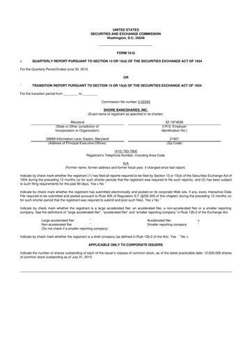 Thumbnail Shore Bancshares 10-Q Quarterly Report FY2015 