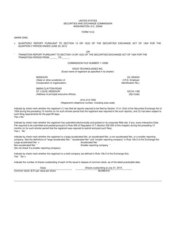 Thumbnail ESCO Technologies
 10-Q Quarterly Report FY2015 