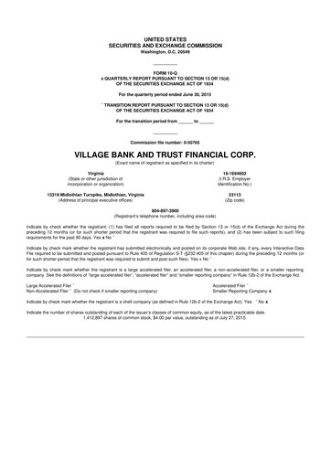 Thumbnail Village Bank and Trust Financial 10-Q Quarterly Report FY2015 