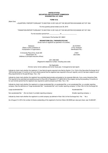 Thumbnail BrainStorm Cell Therapeutics 10-Q Quarterly Report FY2015 
