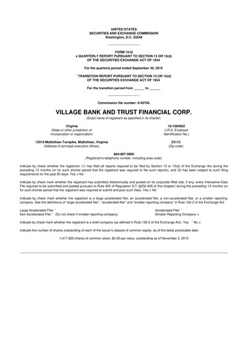 Thumbnail Village Bank and Trust Financial 10-Q Quarterly Report FY2015 