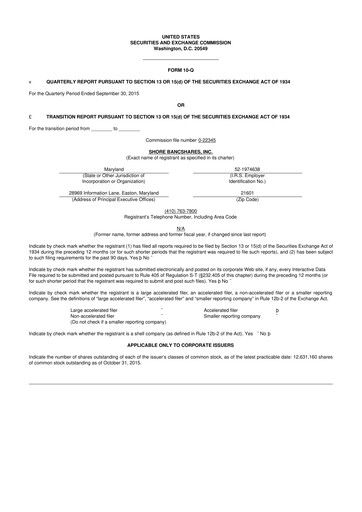 Thumbnail Shore Bancshares 10-Q Quarterly Report FY2015 
