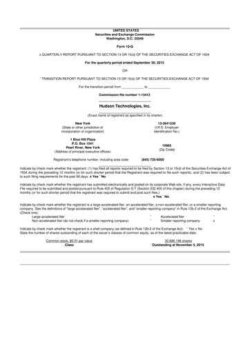 Thumbnail Hudson Technologies 10-Q Quarterly Report FY2015 