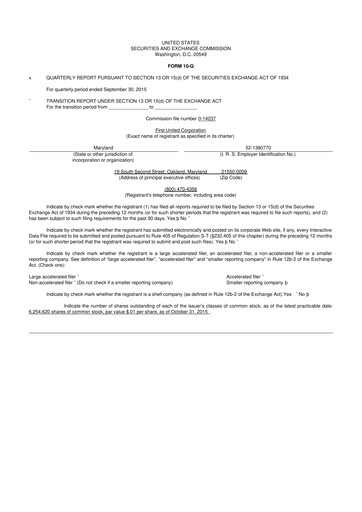 Thumbnail First United Corporation 10-Q Quarterly Report FY2015 