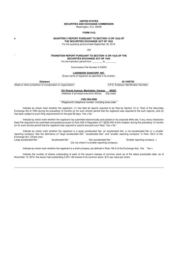 Miniature Landmark Bancorp 10-Q Rapport trimestriel 2015 