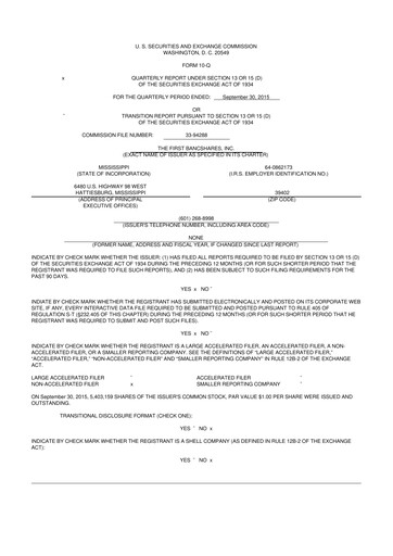 Thumbnail The First Bancshares 10-Q Quarterly Report FY2015 