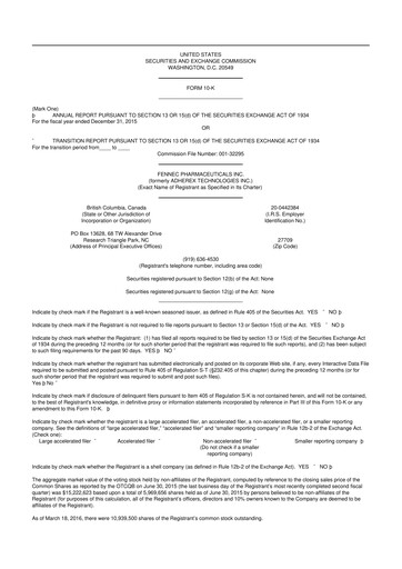 Vorschaubild Fennec Pharmaceuticals 10-K Jahresbericht 2015
