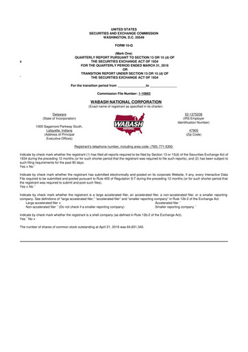 Thumbnail Wabash National
 10-Q Quarterly Report FY2016 