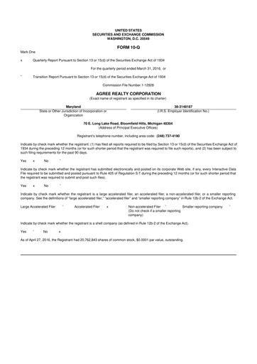 Thumbnail Agree Realty
 10-Q Quarterly Report FY2016 