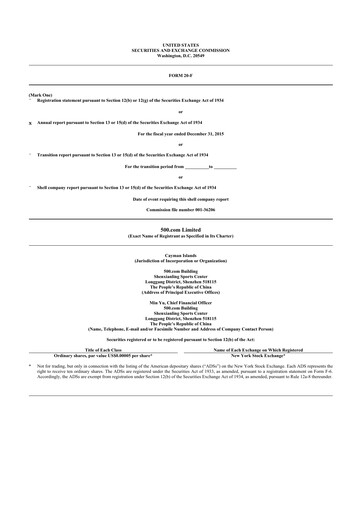 Thumbnail BIT Mining (500.com) 20-F Annual Report 2015