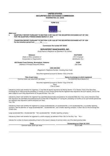Vorschaubild ServisFirst Bancshares 10-Q Quartalsbericht 2016 