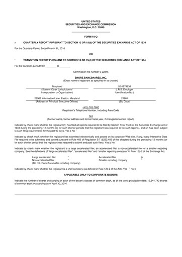 Thumbnail Shore Bancshares 10-Q Quarterly Report FY2016 