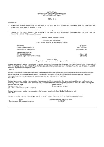 Thumbnail ESCO Technologies
 10-Q Quarterly Report FY2016 