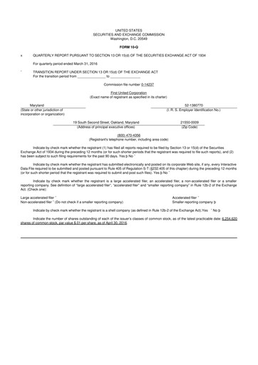 Thumbnail First United Corporation 10-Q Quarterly Report FY2016 