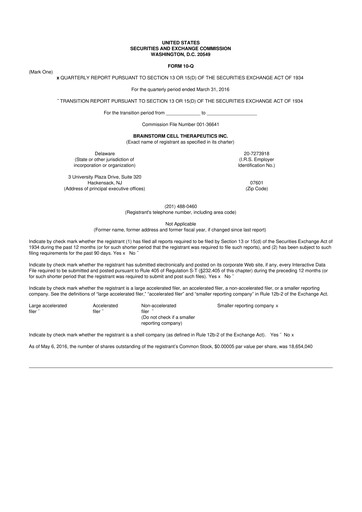 Thumbnail BrainStorm Cell Therapeutics 10-Q Quarterly Report FY2016 