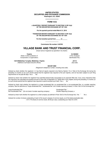 Thumbnail Village Bank and Trust Financial 10-Q Quarterly Report FY2016 