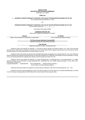 Miniature Landmark Bancorp 10-Q Rapport trimestriel 2016 